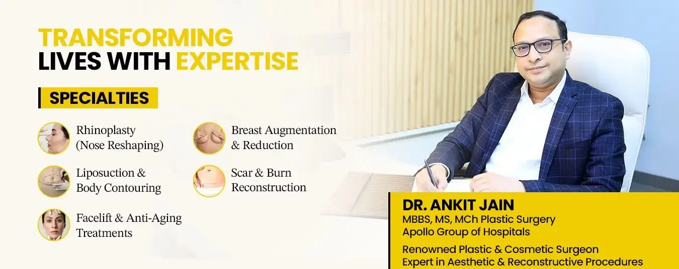 Dr. Ankit Jain, MBBS, MS, MCh Plastic Surgery — rhinoplasty, breast augmentation and reduction, liposuction and body contouring, scar and burn reconstruction, facelift and anti-ageing treatments